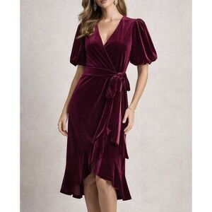 Lauren Ralph Lauren Velvet Wrap Dress Puff Sleeve Burgundy Size 0
